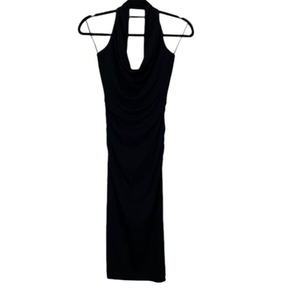 Nicole Miller Dress Matte Black Jersey Ruched Halter Cowl Drape Neck Size 0 - Picture 3 of 13